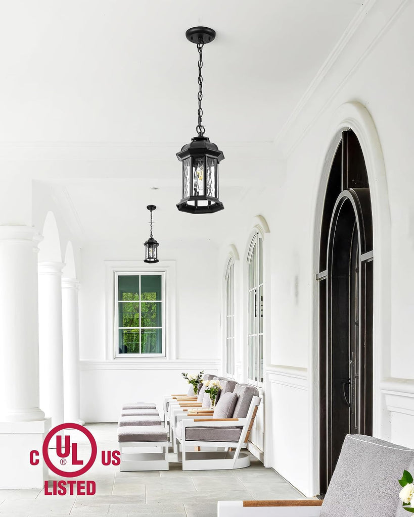 Outdoor Pendant Lights for Porch Lantern, Black Exterior Hanging Lights Fixtures with Adjustable Chain