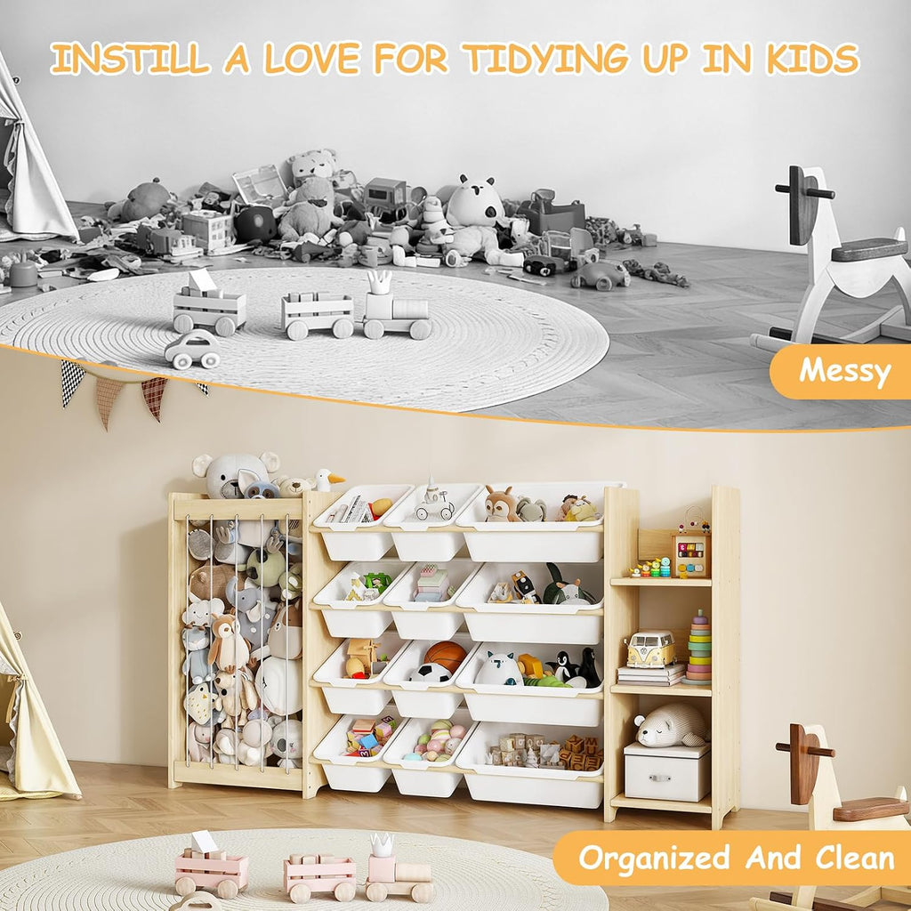3-in-1 Toy Storage Organizer, Stuffed Animal Holder & 3-Tier Bookcase, Solid Wood Toy Organizer with 12 Storage Bins