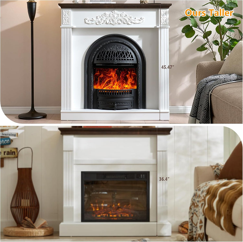 45" Birdcage-Style Electric Fireplace with Mantel, 46" Tall Fireplace TV Stand, Farmhouse Entertainment Center with Storage & Replaceable Insert Heater for Living Room, White+Walnut