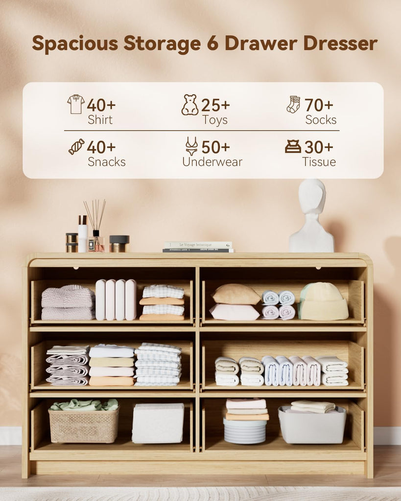 Fluted 6 Drawer Dresser, 47" Wide Wooden Storage Chest with Rounded Curved Corners and Gold Handles, Natural Oak Wood