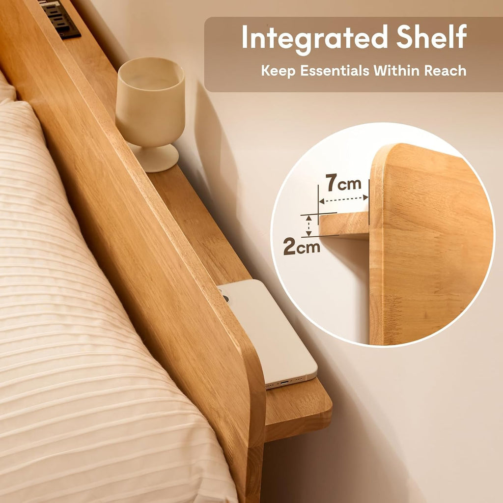 Hako G1 Solid Wood Platform Bed Frame Queen,Rubberwood,Tool-Free Assembly,Low Profile Floating,Storage Shelf&Charging