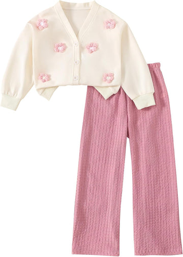 Toddler Girl 2 Piece Outfits Cute Flower Long Sleeve Cardigan Sweatshirt and Waffle Textured Wide Leg Pants Set