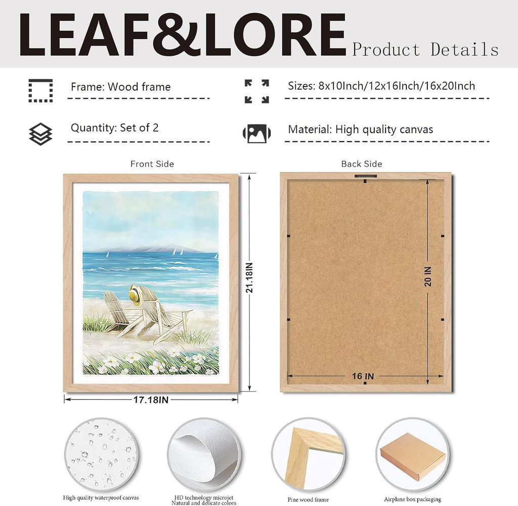 Framed Beach Wall Art Set of 2, Coastal Canvas Prints with Solid Wood Frame & Acrylic Cover, Ocean Seaside Painting