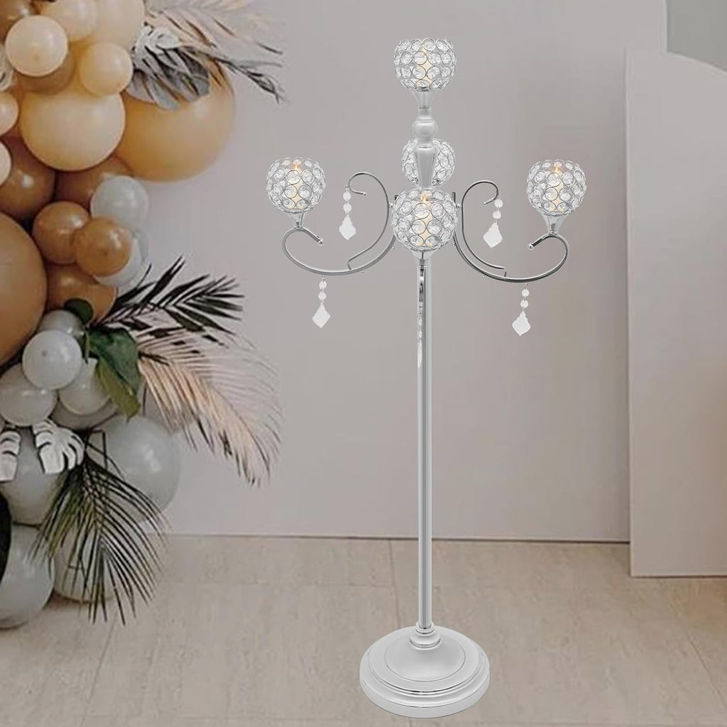 5 Arm Crystal Candelabra Centerpieces for Tables 49 Inch Gold/Silver Candle Holder Table Decoration Stand with