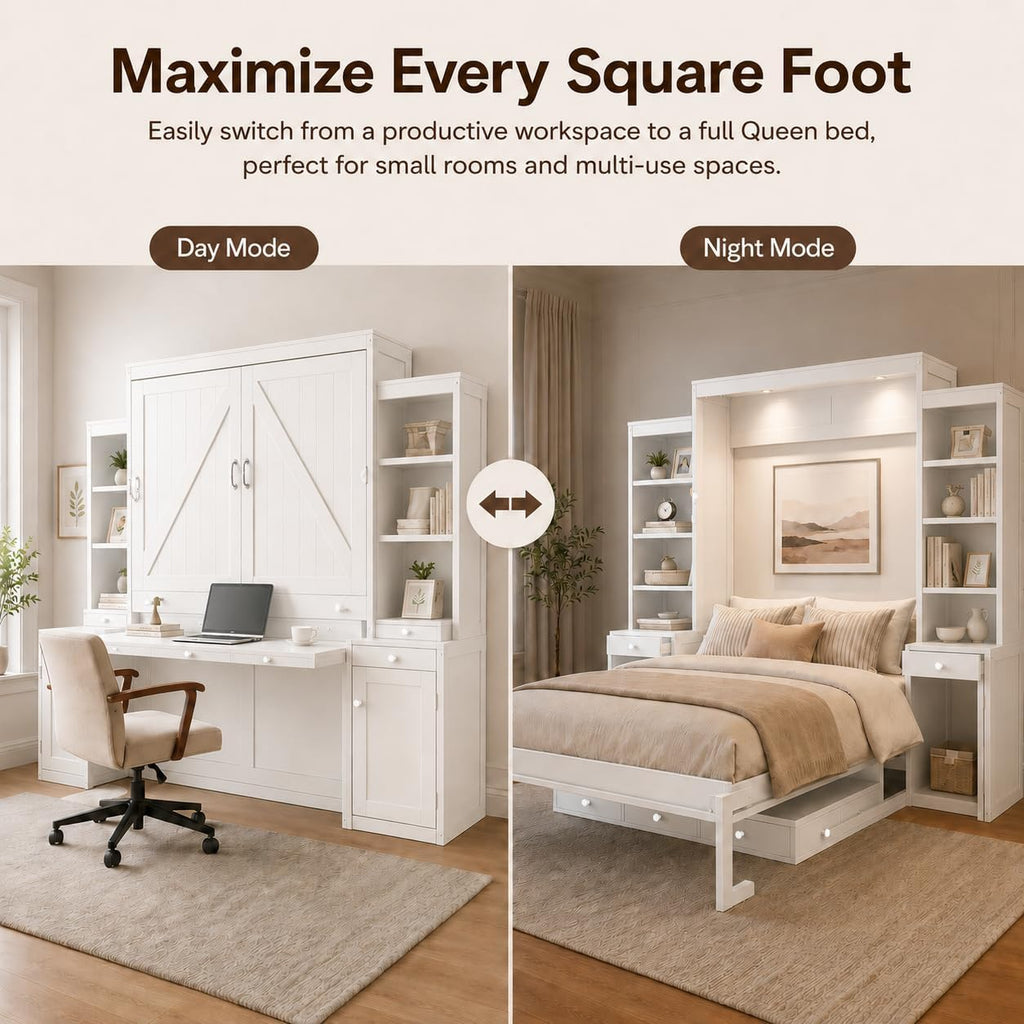 Queen Murphy Bed with Desk, Wall Bed Cabinet with Storage Shelves, Enclosed Cabinets and Hidden Foldout Workstation