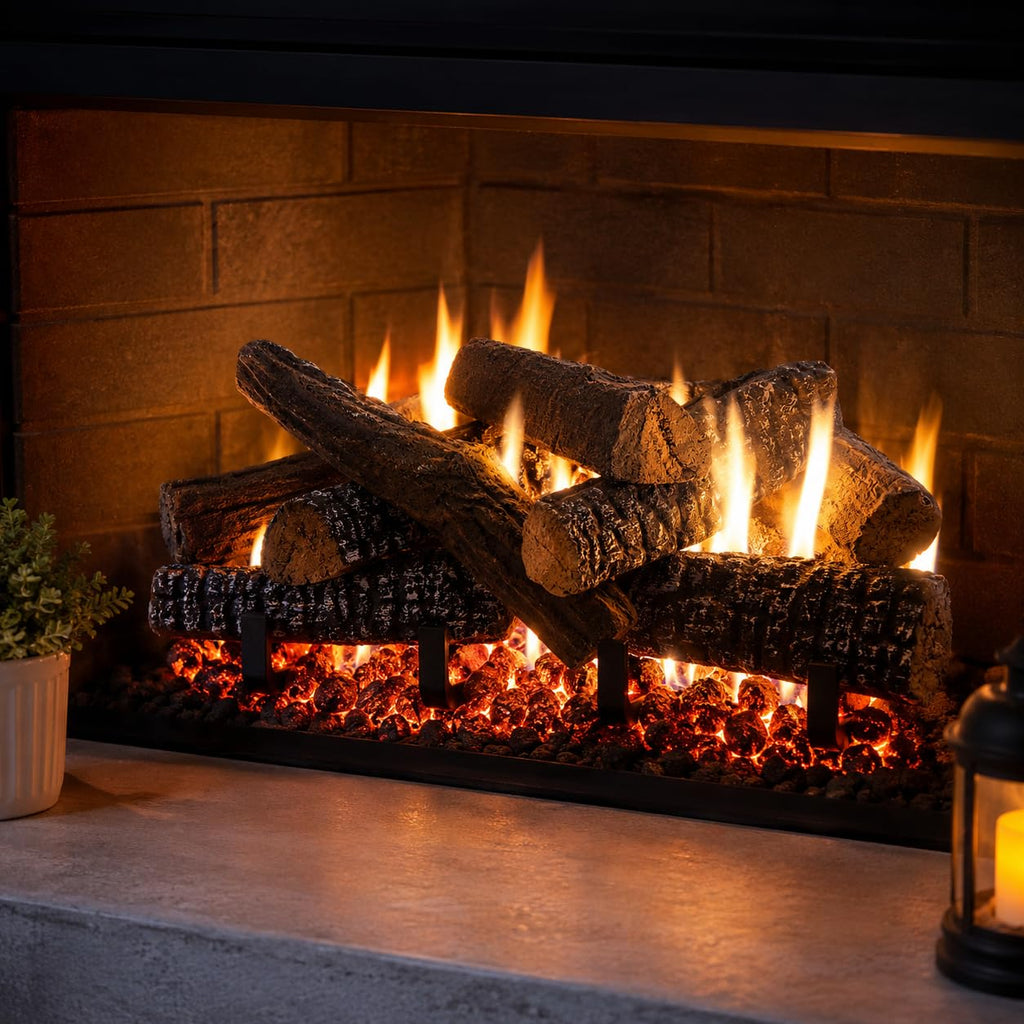 10-Piece Ceramic Fireplace Logs, Realistic Stackable Faux Wood Log Set for Gas Fire Pits, Fire Bowls, Fire Tables