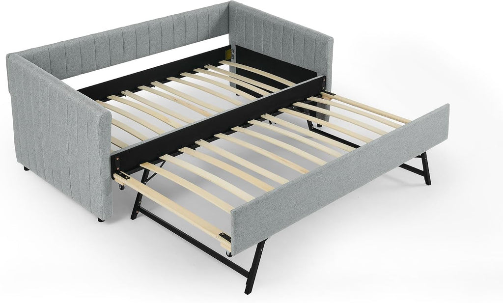 Twin Size Upholstery Daybed with Erectable Trundle and Vertical Stripes, Twin to King Design Extendable Linen Sofa