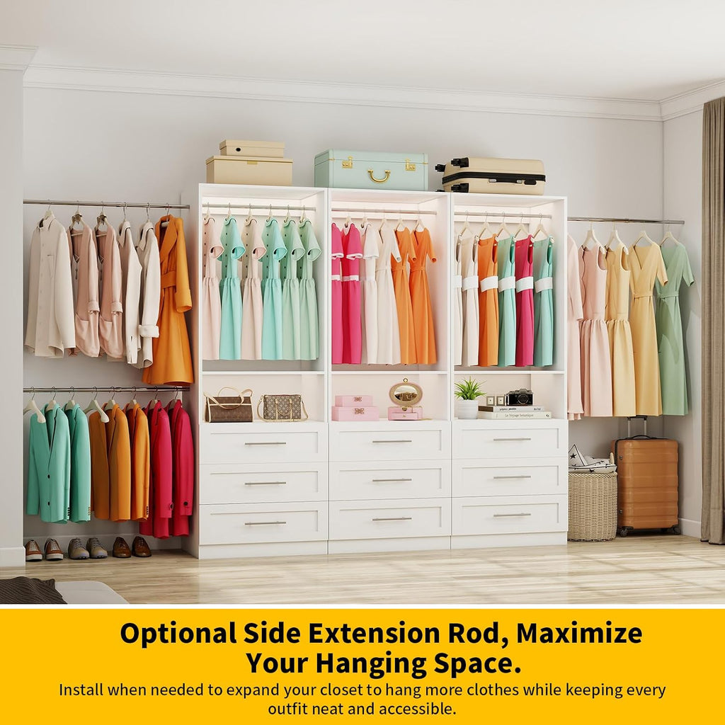 Closet System with 9 Drawers, 6-15FT Closet Systems for Walk in Closets with 6 Expandable Rods & 3 Shelves, Wood