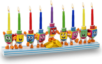 Hand Painted Resin Hanukkah - Theme Menorahs for Chanukah - Dancing Dreidels Chanukah for Kids
