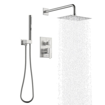 Brushed Nickel Square Rain Shower System Faucet Set with Handheld