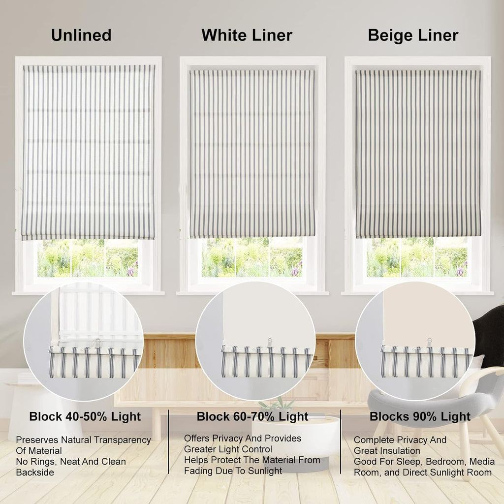 Roman Shades, Greyish Blue Stripe Blackout Cordless Fabric Custom Roman Shades for Windows, Doors, Farmhouse