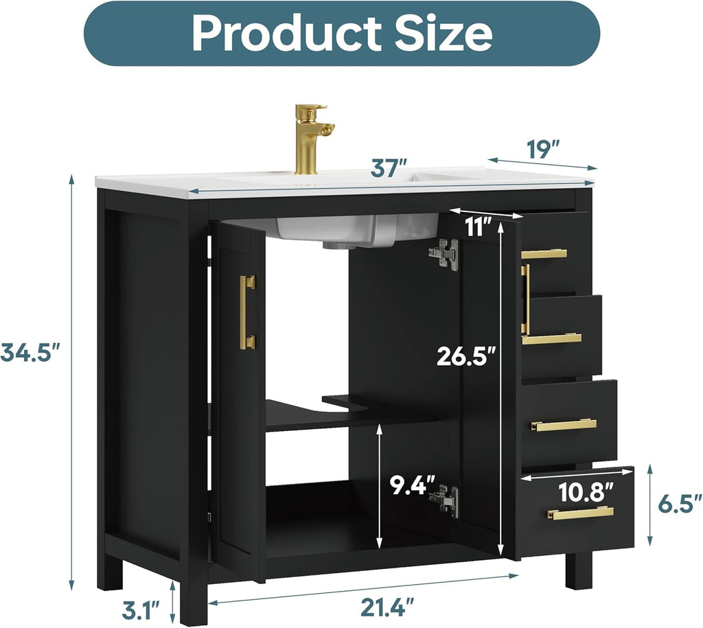 36" Black Single Sink Bathroom Vanity with Integrated Top - Freestanding Vanity Cabinet