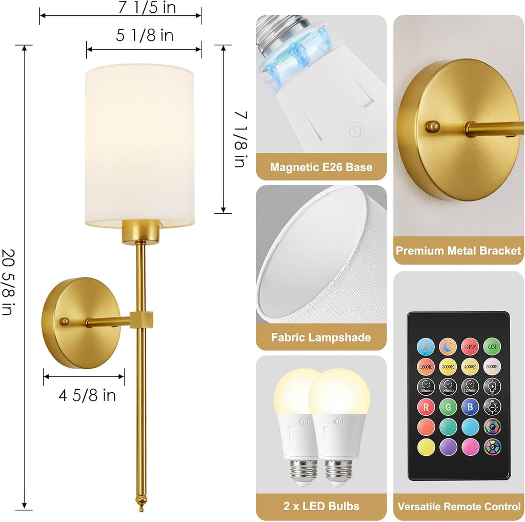 Battery Operated Wall Sconces Set of Two,Wireless Rechargeable Wall Light With Remote Control, Dimmable, Amber