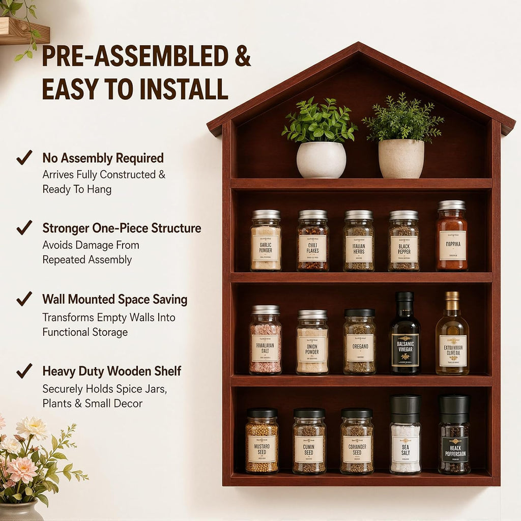 Rustic Natural Wood House Shaped Spice Rack Wall Mounted Floating Shelves Storage Organizer Countertop Farmhouse