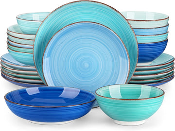 Bonita Stoneware Dinnerware Sets 24 Pieces Service for 6, Hand-Painted Spiral Dishes Set