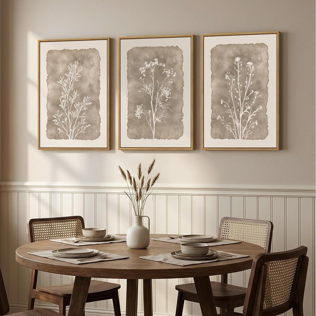 3 Piece Framed Neutral Botanical Wall Art Set, Large Farmhouse Floral Canvas Prints Paintings, Minimalist Wildflower