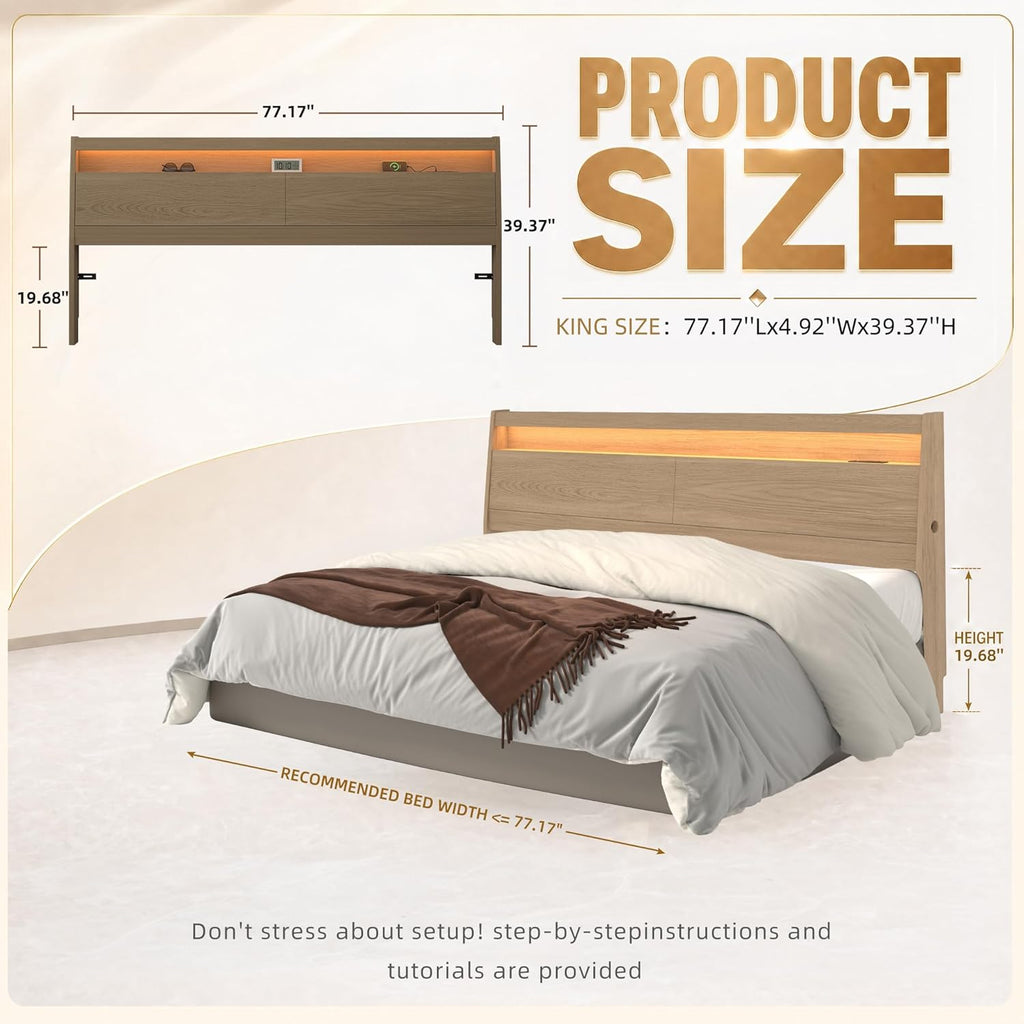King Wooden Headboard with Storage Outlet USB LED Bed Backboard | Solid Wood Leg,Wall mounted panel,Sleeping