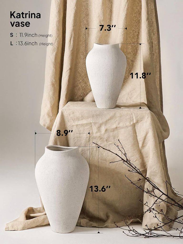 White Ceramic Vase - Large 11.8 Inch Tall Floor Vase