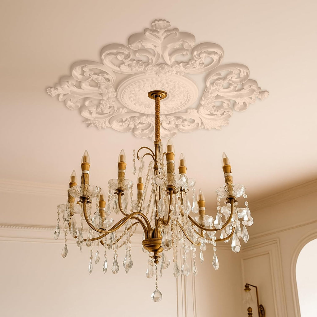 35.4'' Large PU Ceiling Medallion Combination Decorative 2.36'' ID French Style Chandelier Base Ceiling Medallion for Light Fixtures Victorian Rosette Light Covers for Chandeliers(Elegant)