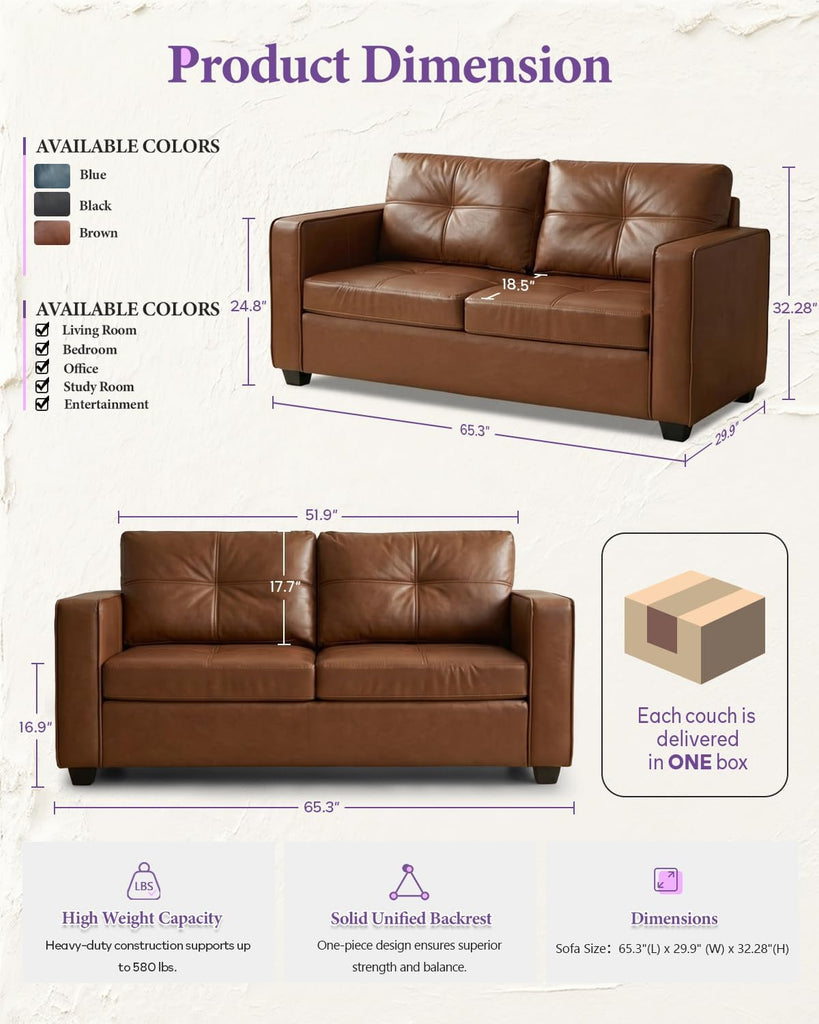 Brown Leather Sofa Couch Sectional Couches , Comfy Sofas with USB USB & Type C Charger, Home Office 3 Piece Living