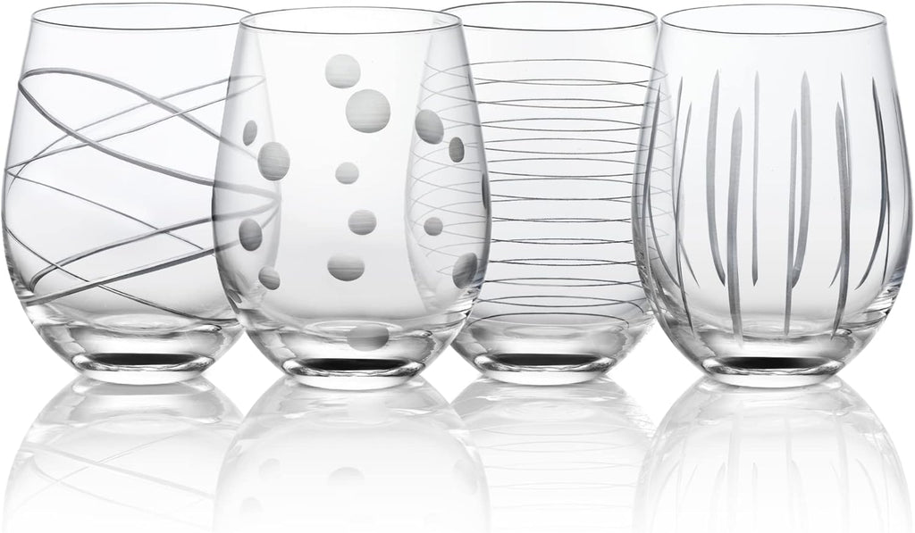 Hand Blown Etched Stemless Wine Glasses with Dots Strips Pattern for Red Wine,Large Carved Drinking Glass Cups