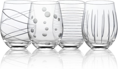 Hand Blown Etched Stemless Wine Glasses with Dots Strips Pattern for Red Wine,Large Carved Drinking Glass Cups