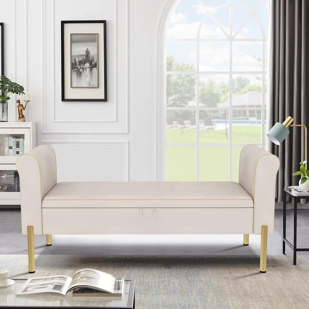 Modern Blue Velvet Storage Bench End of Bed Bench Ottoman, Upholstered Armed Entryway Bench Long Settee