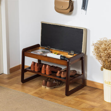 Shoe Bench with Storage - 2-Tier Entryway Bench, Solid Wood Shoe Rack with Cushion & Flip-Open Box, Mid-Century