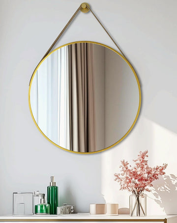 Hanging Strap Wall Mirror: 31.5in Round Bathroom Mirror Gold Frame