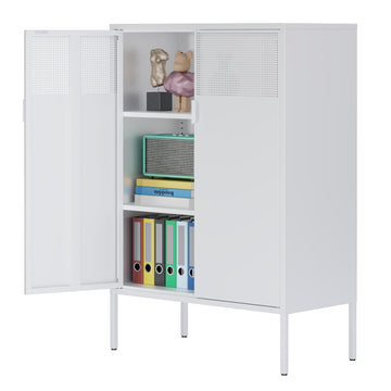 2 Door Accent White Metal Storage Cabinet with Adjustable Shelves and Air Vent Doors, 3 Tier Metal Sideboard Cabinet