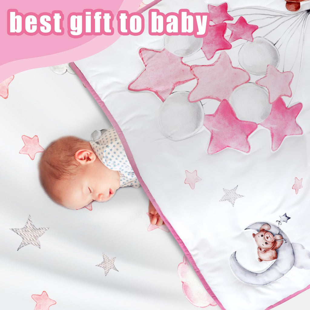 5 Pcs Crib Bedding Set Sheets Comforter Skirt for Toddlers, Pink
