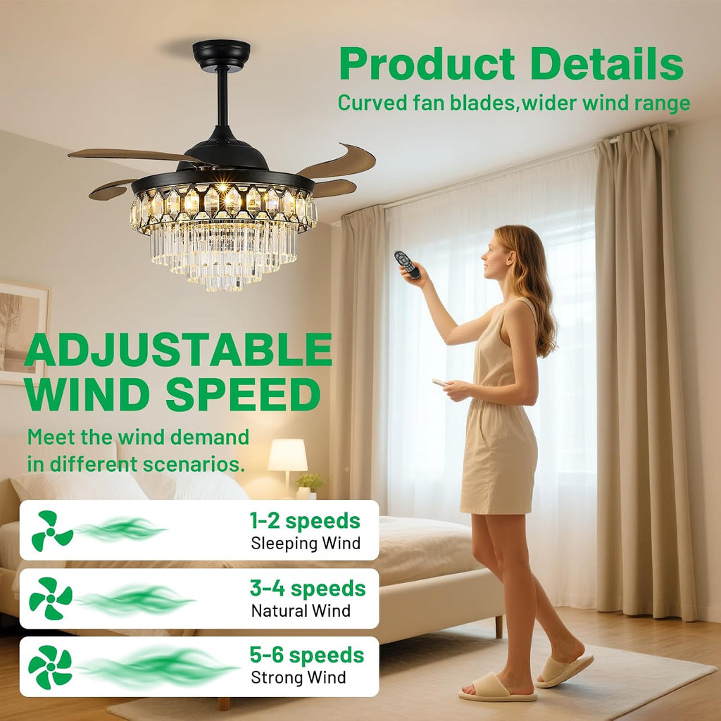 42 Inch Black Fandelier Ceiling Fan with App Remote Control and Bluetooth Speaker