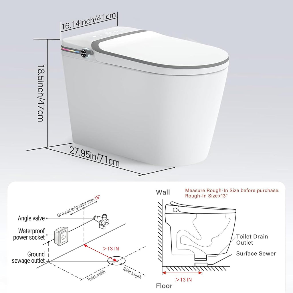 Smart Toilet, One Piece Bidet for Bathrooms, Modern Elongated Toilet with Warm Water, Dual Auto Flush