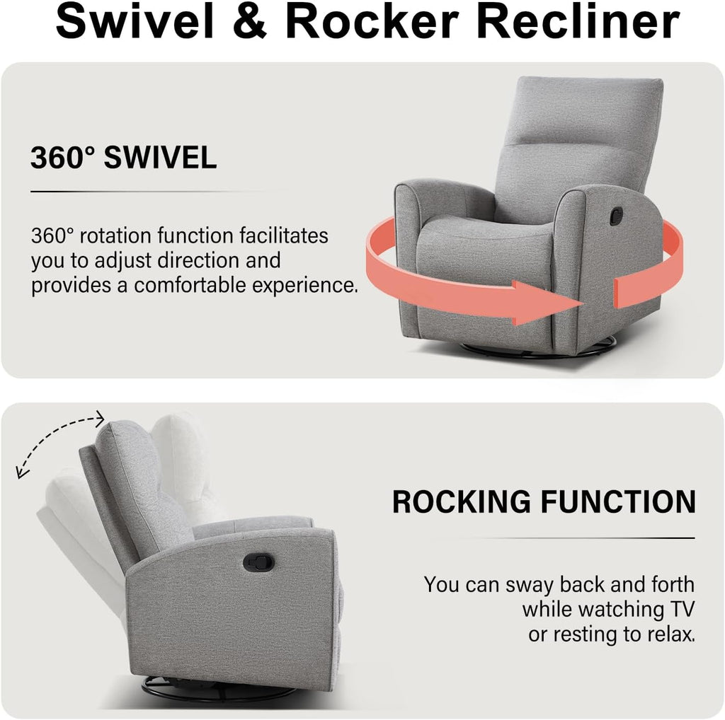 Recliner Rocker Swivel Chair, Manual Chenille Glider Rocking Chair, Swivel Glider Recliners with Soft Backrest, 360°