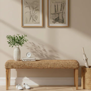 Solid Wood Acacia Indoor Bench, 47 Inch Water Hyacinth Seat, Fishbone Style | Natural Woven Seat, Living Room or
