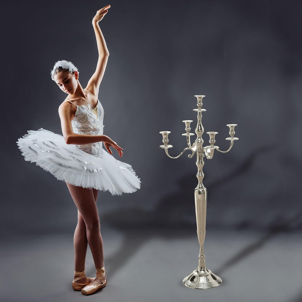 Romantic Hamptons Oversized 5 Candle Silver Candelabra | Hand Crafted Silver Aluminum Nickel, 41.25 Inches High, Over