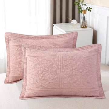 100% Cotton Quilted Pillow Sham Floral Printed Pillow Cover (King, Dusty Pink)