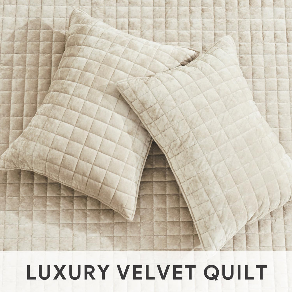 Channel Box Stitch Velvet Quilt Set, Full Queen, Beige