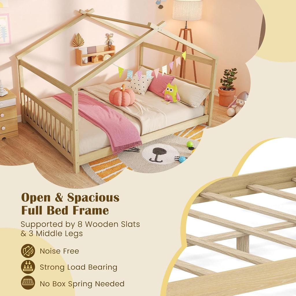 Full Size Floor Bed, Solid Wood Montessori House Bed with Roof, Headboard and Footboard, Low Full Bed Frame for Kids