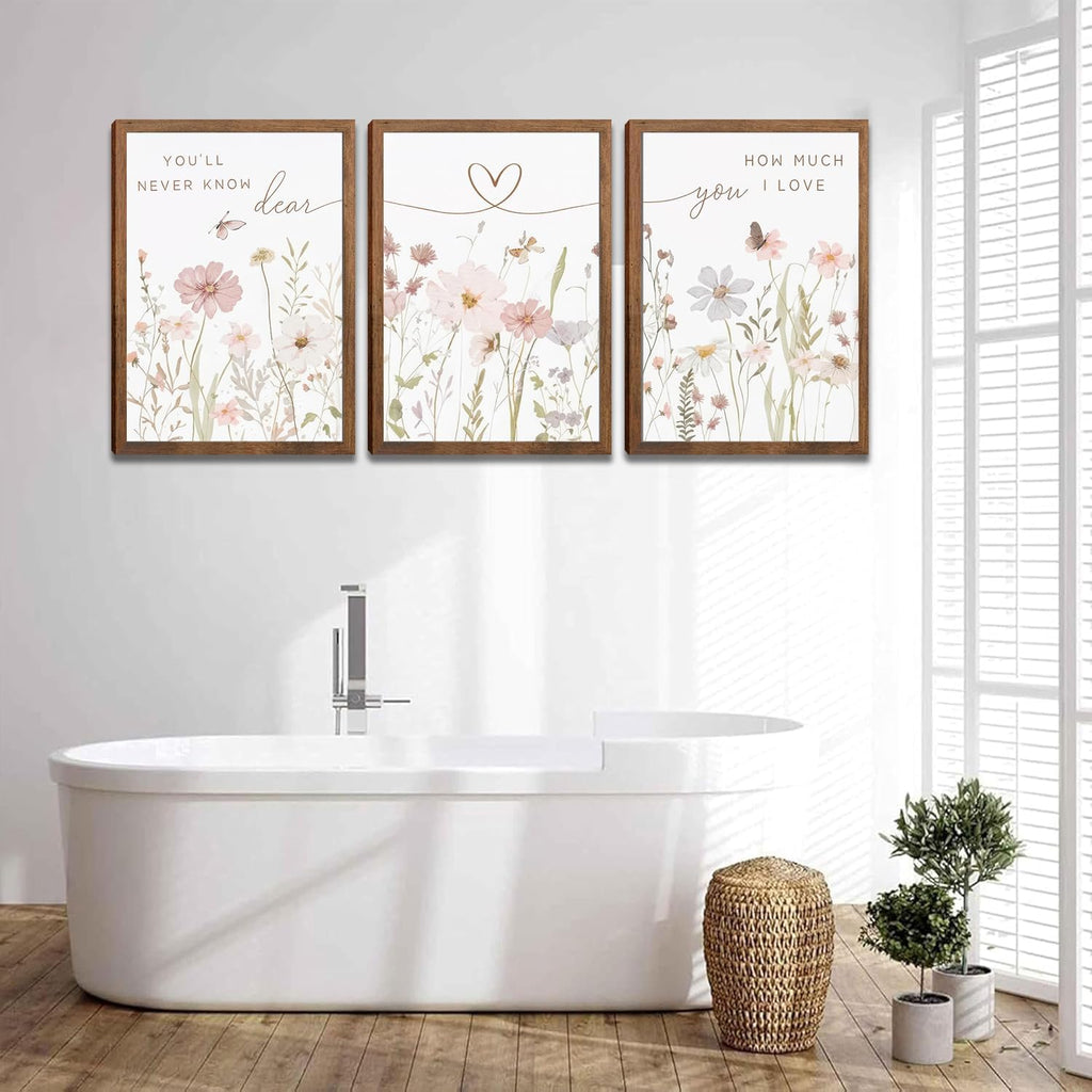 Rustic Floral Wall Art Set of 3, Watercolor Wildflower Prints with Heart Line and Inspirational Quotes Neutral