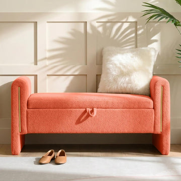 52" Flip-Top Storage Ottoman Bench, Teddy Entryway Bench (Orange) | Teddy Fleece Upholstered End of Bed Bench with