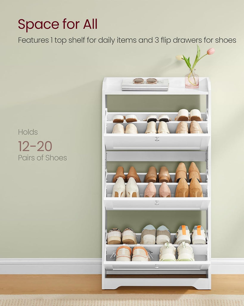 Shoe Cabinet with 3 Flip Drawers, Shoe Organizer, Adjustable and Removable Dividers, Holds 12-20 Pairs, Entryway, 9.4