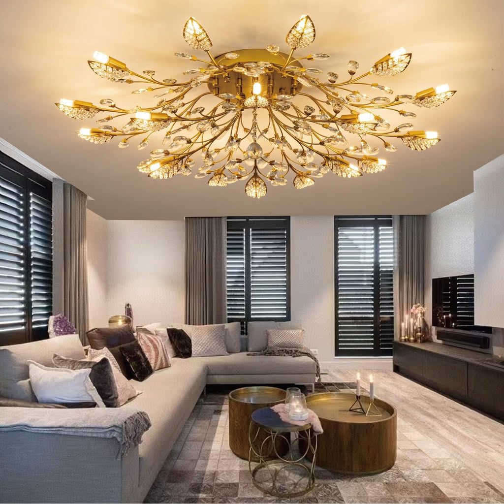 Modern Crystal Ceiling Light Fixture,Gold Semi Flush Mount Chandeliers,Crystal Leaf Ceiling Lighting,Pendent Lamp