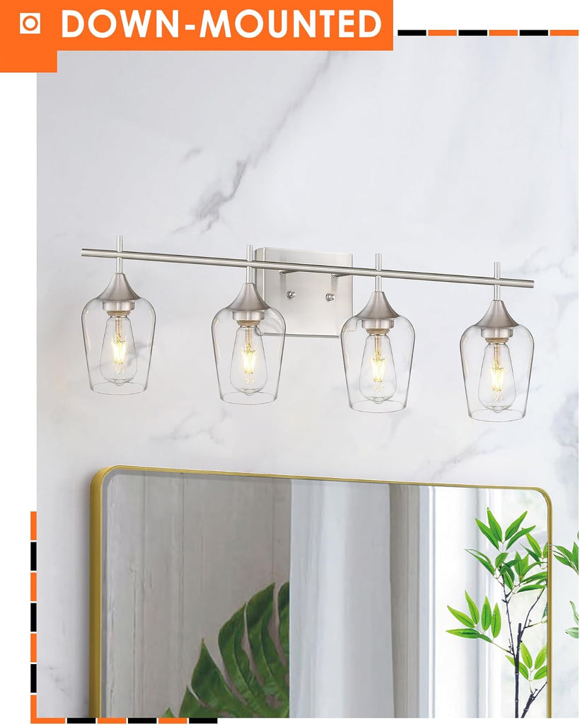 4-Light Bathroom Lighting Fixtures Over Mirror, 24 Inch Brushed Nickel Vanity Lights with Clear Glass, Modern Bath