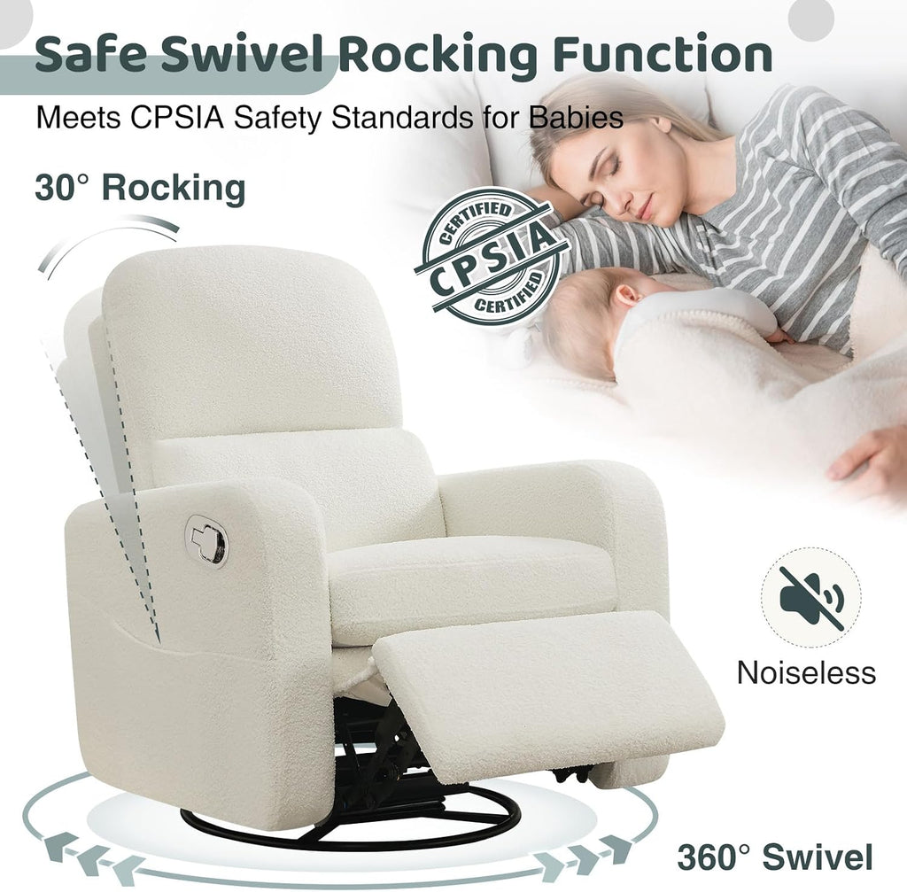 Swivel Rocker Recliner, Oversized Boucle Glider Recliner Nursery, Teddy Manual Swivel Rocking Reclining Chairs with
