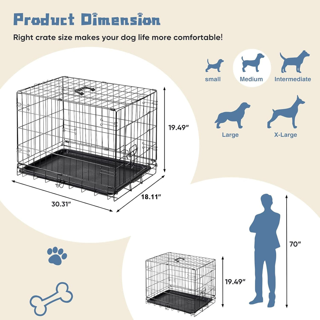 Dog Crate, 30 Inch Medium Size Single Door Dog Cage with Plastic Leak-Proof Pan Tray