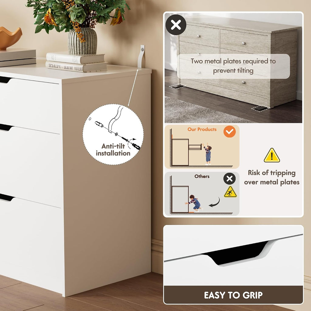 Dresser , 47.2" Modern Wood Chest with 6 Drawers, White | Two Drawer Sizes, Anti-Tip, Storage Cabinet & TV Stand