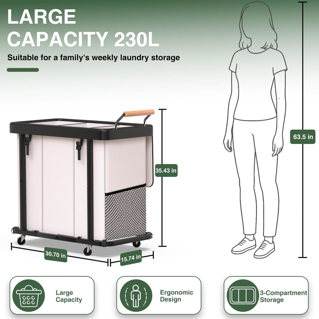 Laundry Hamper 3 Section, Rolling Laundry Basket with Wheels and Lid, White