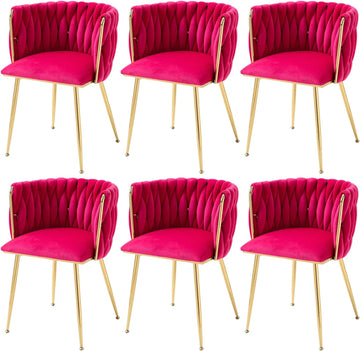 Woven Velvet Dining Chairs Set of 6, Upholstered Accent Chairs with Gold Metal Legs, Modern Dining Room Chairs, Rose Red