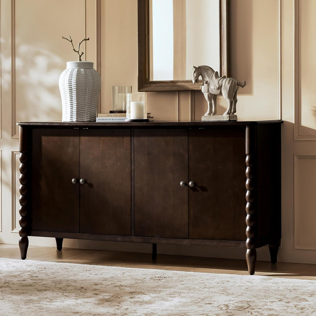 60" Sideboard Cabinet with Spindle Design, Transitional Storage Cabinet with 4 Doors, Adjustable Shelves